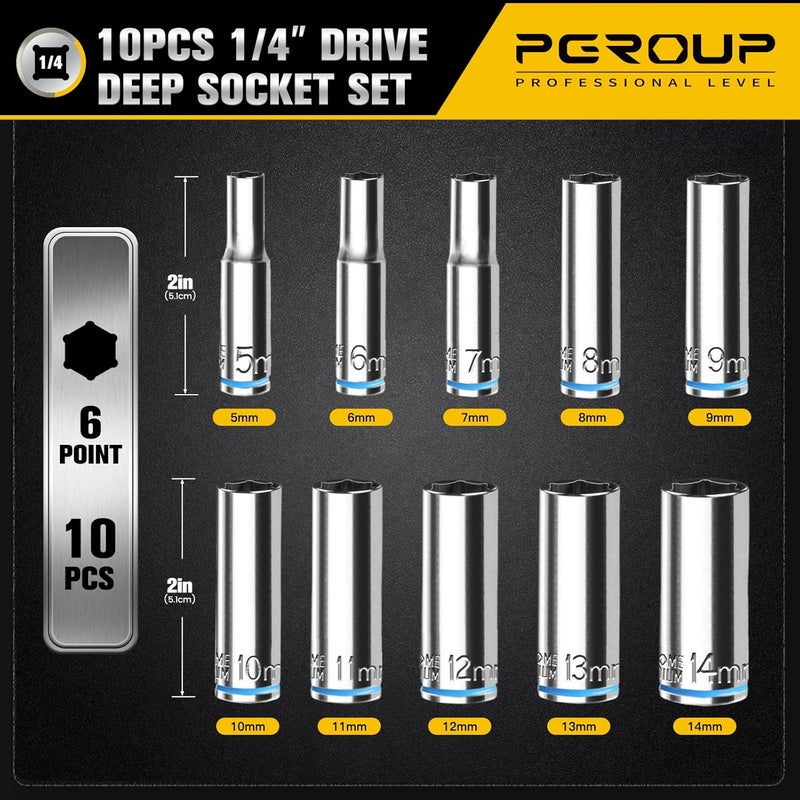 pgroup 10PCS 1/4” Drive Deep Socket Set, Metric (5mm-14mm), 6-Point, Cr-V Steel, Chrome Plated Socket With Hanging Bracket, Cover Most Commonly Sizes - Image 1
